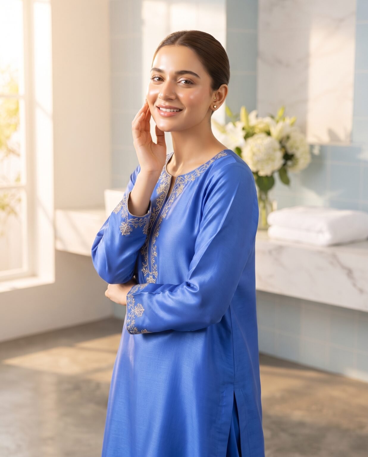 Smiling woman in a bright bathroom, Za Pharma skincare