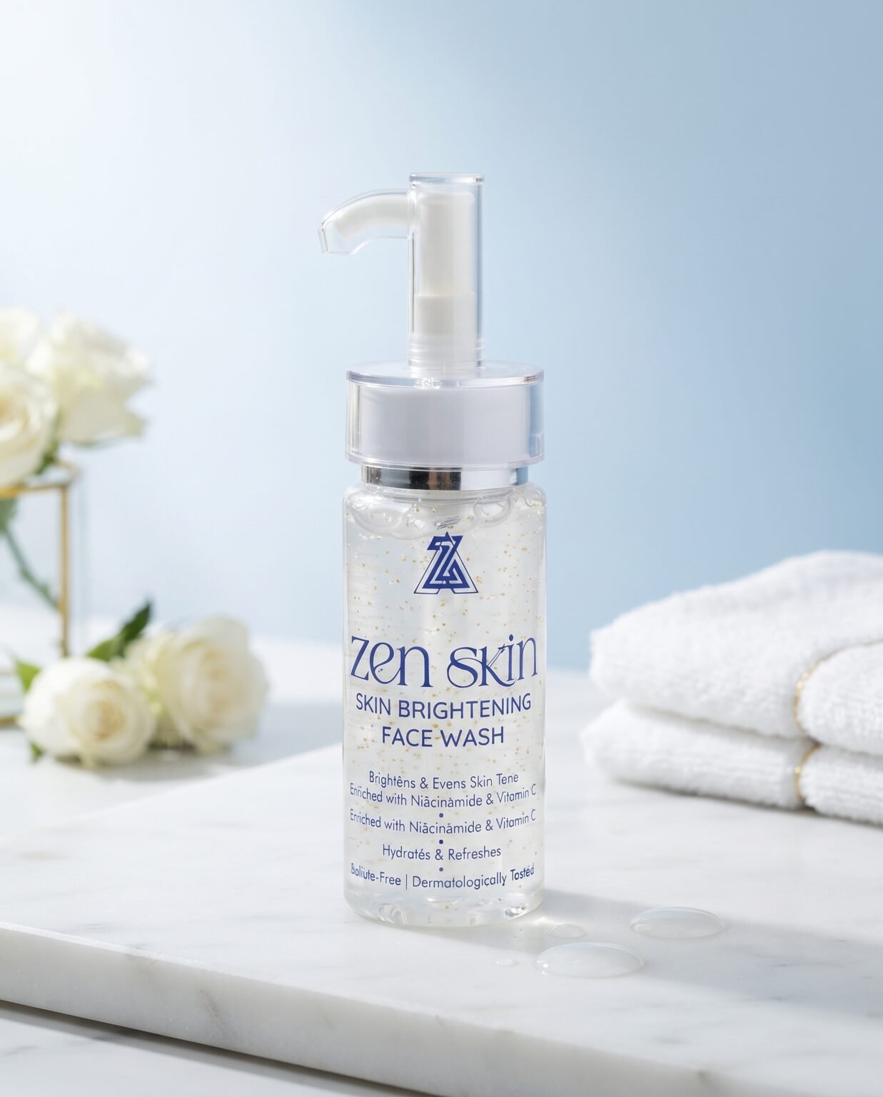 Zen Skin Brightening Face Wash on a marble shelf