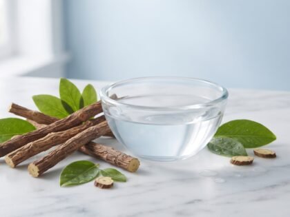Licorice root sticks and green leaves beside a glass bowl of clear water on a marble surface